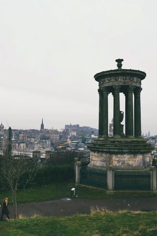 Calton Hill overlooking Edinburgh with  the Dugald Stewart Monument.
