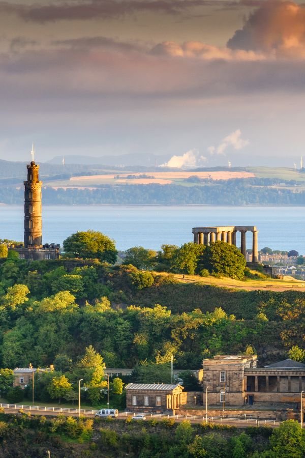 Calton Hill in the Distance with the National Monument and Nelson Monument in view. Edinburgh, Scotland.
