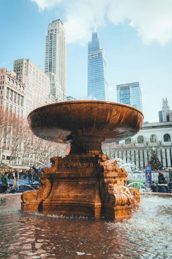 Fountain in Bryant Park, New York City.