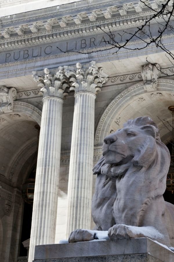 In front of New York City Public Library. Where the marble lion statue of Fortitude stands guard at the entrance. Along with Patience.