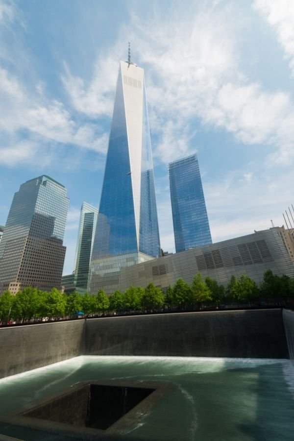 9/11 Memorial and Musuem in Lower Manhattan. With One World Trade Center.