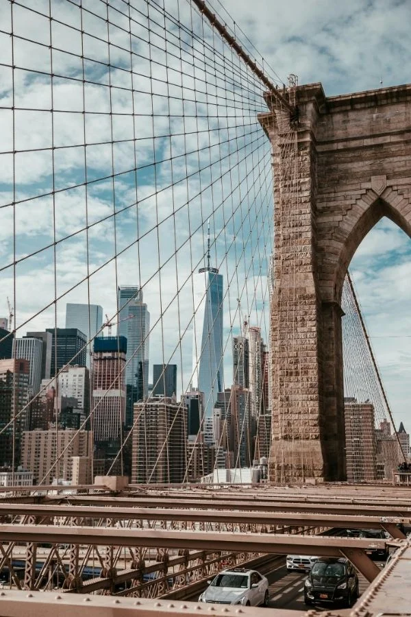 View of Lower Mnahattan, skyline, from the Brooklyn Bridge.