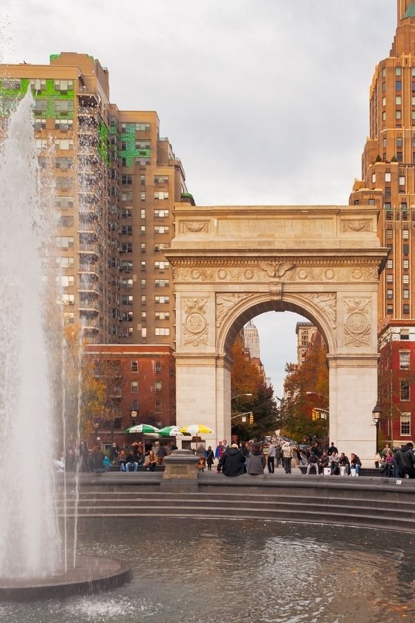 Washington Square Arch and Fountain in Washington Square, Greenwich Village, New York.