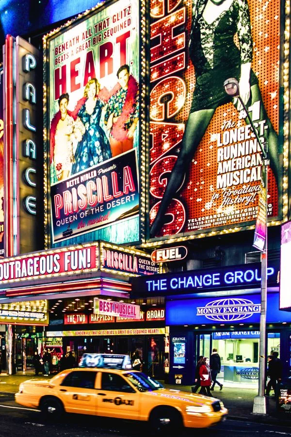 Broadway neon signs advertising the Broadway shows that are playing at the moment.