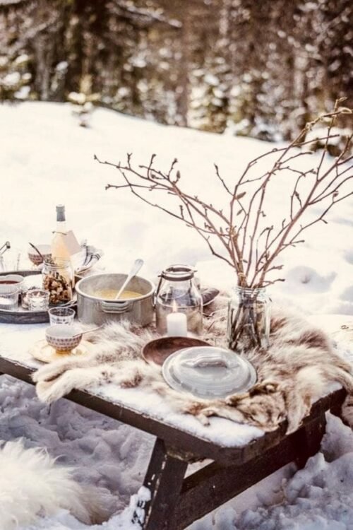 Hometown Christmas bucket list item - coffee and snacks set up for a cool winter picnic.