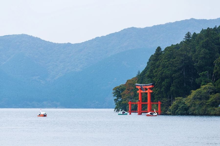Lake Ashi with Torri in the lake and Mt. Fuji in background.