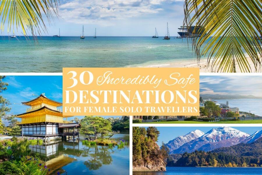 safe destinations for solo female travellers. Uruguay, Japan, Grand Cayman, Canada. beach, palms trees, mountains, shrines, St. Laurence River