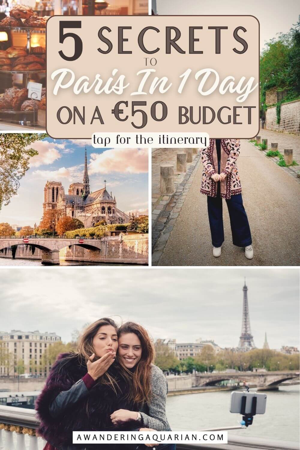 ladies taking selfie on bridge with Eiffel Tower in background, Notre-Dame Cathedral from the back, Woman dressed in Parisian style and aesthetic
