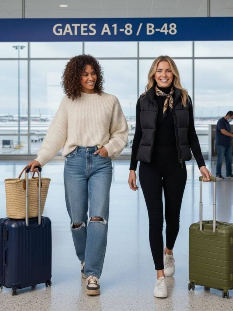 two friends walking through airport together