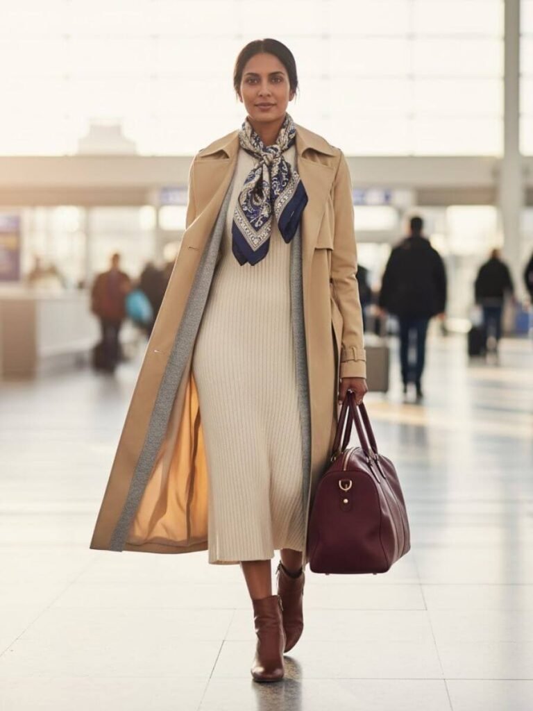 woman in sweater dress, trench coat, boots, and tote bag. Walking through airport. winter airport outfits