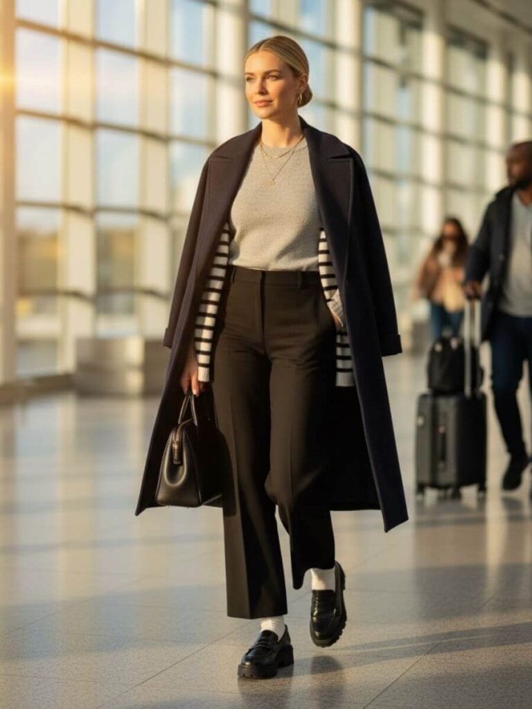 winter airport outfits. woman dressed nicely in airport.