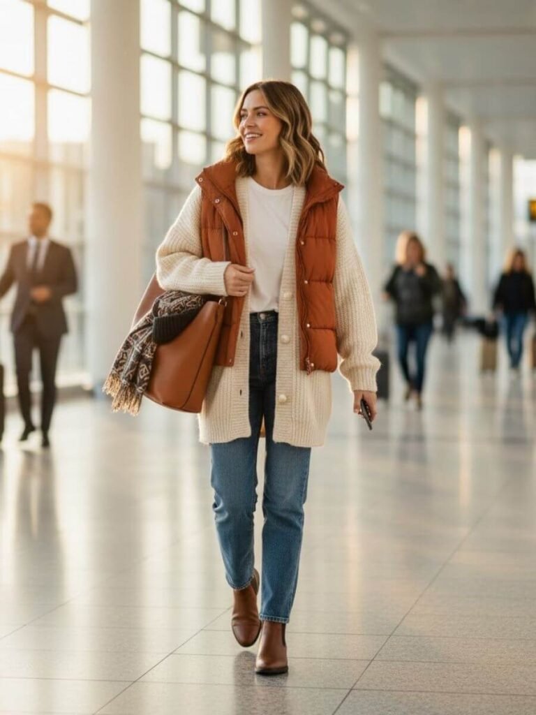 woman in jeans and orange puffer vest in airport