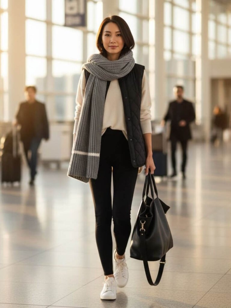 leggings and oversized tee. women walking in airport. winter airport outfits.
