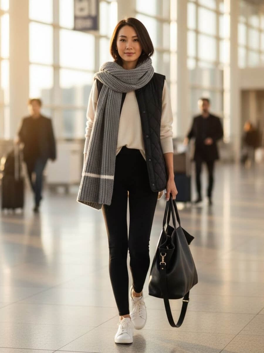 leggings and oversized tee. women walking in airport. winter airport outfits.