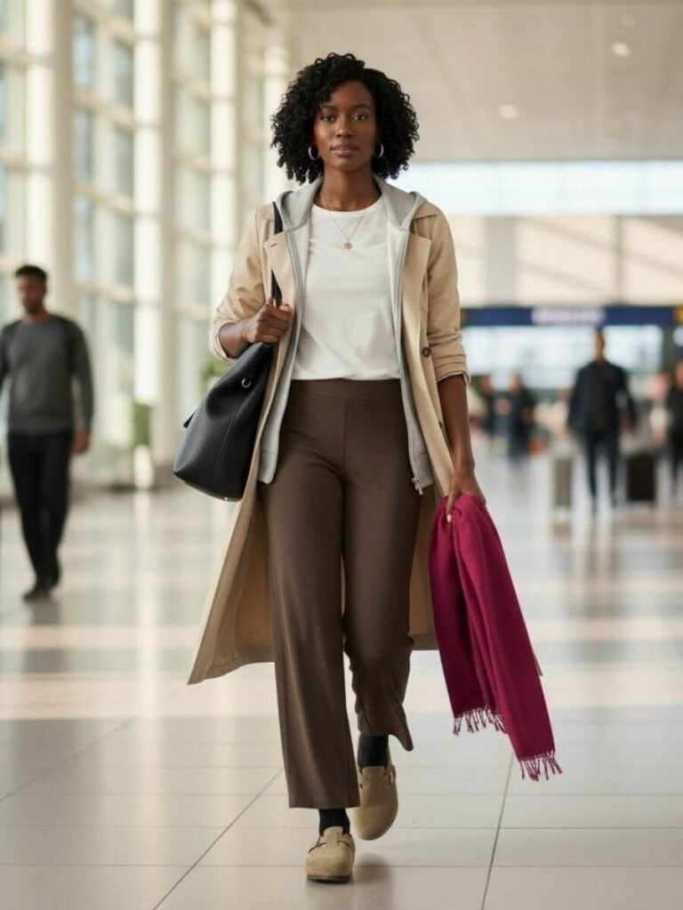 casual airport outfit worn by woman in airport.