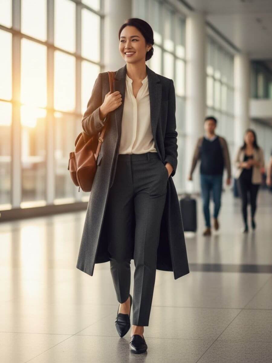 business casual winter airport outfit that woman is wearing walking through airport.